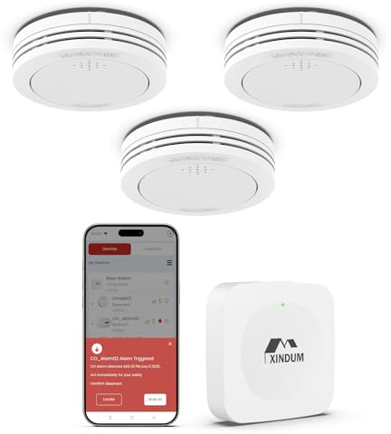 Detector de Humo con estación Base, 10 años interconectado Detector de Incendios Smart Conforme a EN14604, con batería reemplazable, sin Parpadeo LED, Compatible con la aplicación XINDUM, 3 Unidad