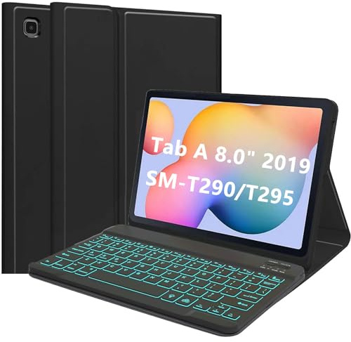 EHLCYS Keyboard Case for Samsung Galaxy Tab A 8.0 Inch 2019 (SM-T290/T295), German QWERTZ 7 Color Lighting Magnetic Removable Bluetooth Keyboard, Soft TPU Back Protective Case and Mouse