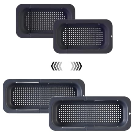 The Sink Colander Strainer Basket - Wash Vegetables and Fruits, Drain Cooked Pasta - Extendable - Kitchen Essentials (2, Black)