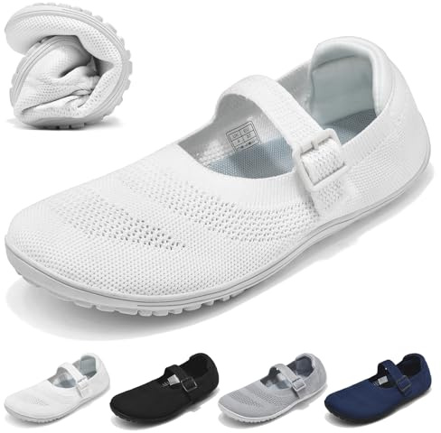 Wizshoe Barfuss Schuhe Damen Ballerinas Flache Schuhe für Frauen Barfußschuhe Hausschuhe Elegant Ballerina mit Riemchen Sommer Barefoot Shoes Slip On Walkingschuhe Leicht Weich Bequem Weiß 39 EU