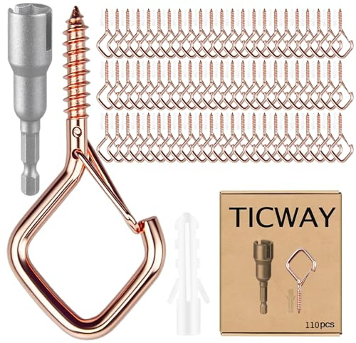 Ticway 110 PCS Q-Hanger Hooks for String Lights, Ceiling Hangers for Plants & Wind Chimes, Christmas Decorations Outdoor Hooks Rose Gold