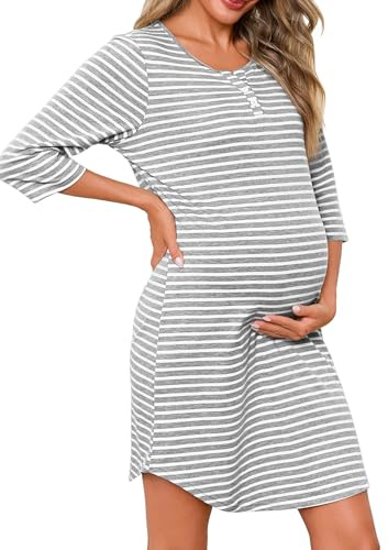Marvmys Chemises De Nuit Femme d'allaitement Coton Robe De Nuit Bouton à Manches 3/4 Vêtements Rayure Cardigan d'Intérieur Femme S-3XL