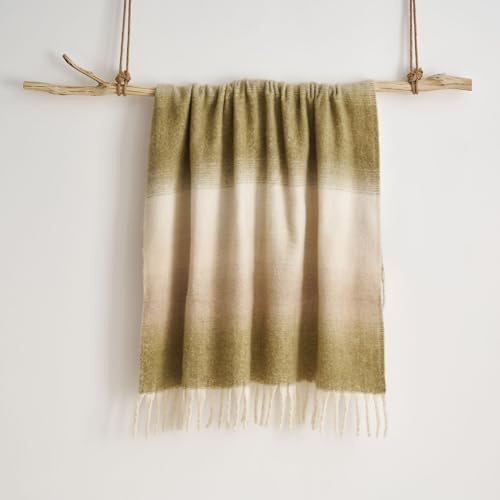 Ombre Design Faux Mohair Throw 130 x 170cm – Luxury Super Soft Fringed Sofa Blanket, Large Size, Easy Care, Machine Washable, 100% Polyester (Green)