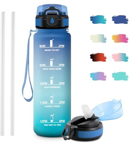JAPORIA Sport Trinkflasche 1L, Motivierende Trinkflasche mit Zeitmarkierung, Kohlensäure Geeignet, Auslaufsichere Wasserflasche mit strohhalm, Sportflasche für Camping, Laufen, Erwachsener, Radfahren