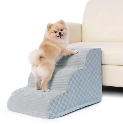 Exsnugy Dog Steps for Sofa,3-Step Dog Stairs for Bed&Couch,Washable Cover | Pet Ramp for Small Dogs & Cats with High Density Foam and Non-Slip Bottom, Holds up to 50 lbs,Grey
