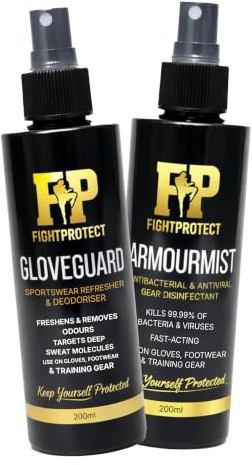 Boxing Glove Deodoriser Spray – Antibacterial Sports Gear Cleaner for MMA Gloves, Boxing Gloves, Football Boots & Gym Equipment – Odour Eliminator Disinfectant – FightProtect 2 x 200ml