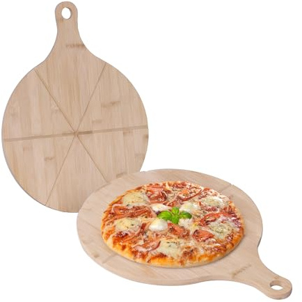 Relaxdays Pizzateller, 2er Set, Bambus, Ø 33 cm, Servierbrett für Pizza, Flammkuchen, Käse, rundes Pizzabrett, natur