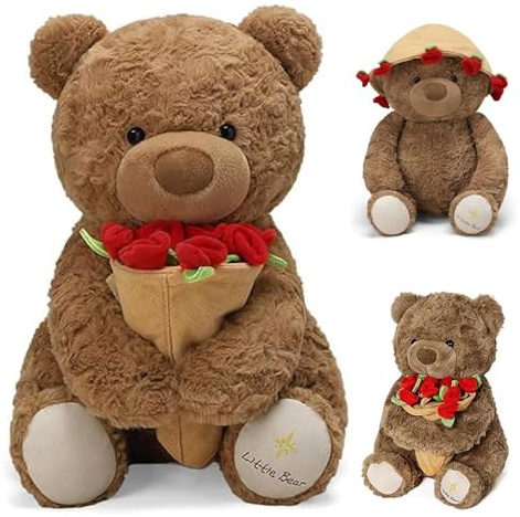 Teddy mit Rose und Hat, Teddybär, Teddy mit Rose, Teddybären Ros-e Stofftier Spielzeug, T-eddy Bea-r Plüsch, Ted-dybär mit Rosenstrauß, Teddybä-r Plüschtier für Valentinstag, Geschenke für Geburtstag