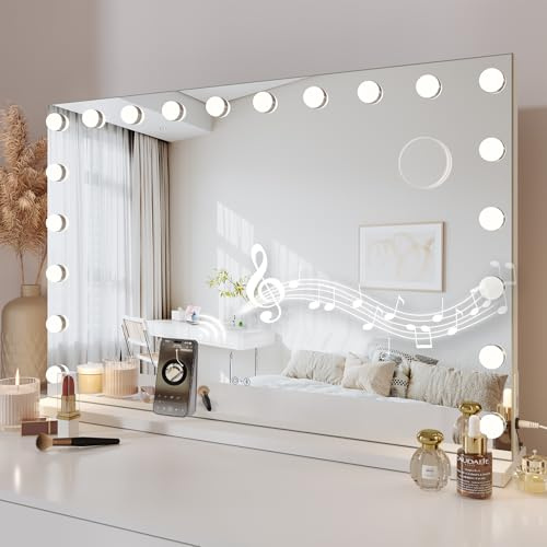 Dripex Bluetooth Hollywood Vanity Mirror with Light, 90×60cm, 20 LED Bulbs | Bluetooth Speaker, 3 Colour Modes, 20 Dimmable Bulbs, USB and Type-C Charging Ports, for Bedroom & Dressing Room, White