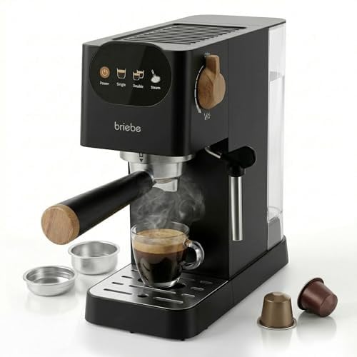 briebe Nordic Kaffeemaschine 20 Bar Kompatibel Nespresso-Kapseln und Kaffeemehl, Espresso Siebträgermaschine 1350W, Milchaufschäumer, Touch-Display, 1,2L Wassertank, Skandinavisches Design, Schwarz