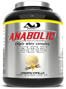 Addict sport nutrition - Tri whey 80% Anabolic triple whey - Protéine de lactosérum concentrée, isolée et hydrolysée - Protéine pure - BCAA - Croissance musculaire et récupération - 2kg - Vanille