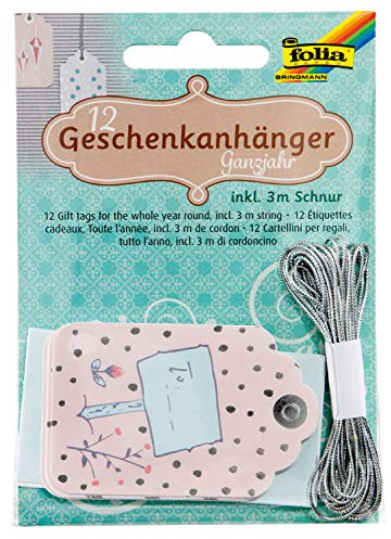 folia 12011 - Geschenkanhänger neutral, 12 Stück, inklusive 3 m Schnur, zum individuellen Beschriften und Kennzeichnen der Geschenke
