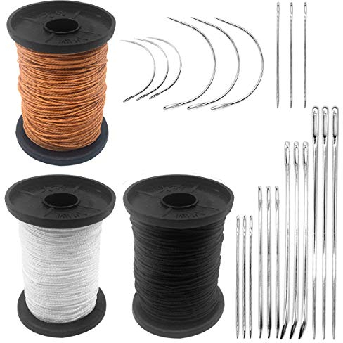 CKANDAY Lot de 21 aiguilles à main très résistantes, avec 3 rouleaux de fil d'ameublement extra fort, 7 styles d'aiguilles à coudre en cuir et toile et rouleaux de fil en nylon