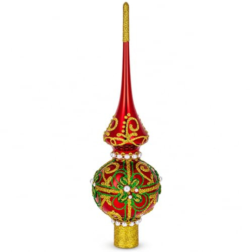 BestPysanky - Puntale per albero di Natale, con perle bianche su vetro rosso lucido, 28 cm