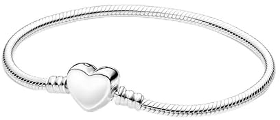 PANDORA Moments gravierbarer Herz-Verschluss Schlangen-Gliederarmband aus Sterling Silber, Kompatibel Moments Charms, Größe:19, 599206C00-19