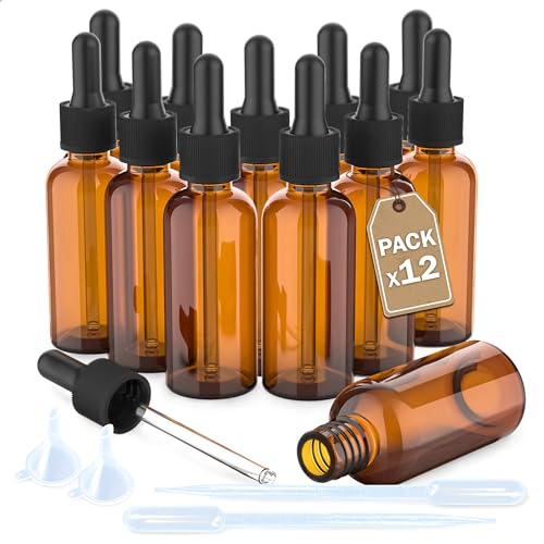 LG Luxury & Grace Lot de 12 Bouteilles Compte-Gouttes, 50 ml. Compte-Gouttes en Verre Ambré. Bouchon à Visser et Pipette en Verre. Flacons Rechargeable: Aromathérapie, Huile, Laboratoire.
