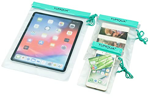 YUMQUA Wasserdichte Tasche, wasserdichte Tasche, Trockentasche für Dokumente, Karte, Kamera, Tablet, Handyhalter, 3 Stück, blaugrün, Beutel