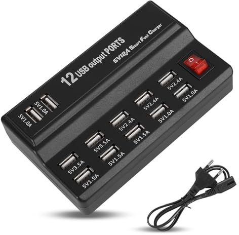 Caricatore Portatile USB Multiplo, 12 Porte Stazione di Ricarica USB Adattatore Hub USB 5V 10A Ciabatta Multipresa Caricatore USB Multiplo per Cellulari, Tablet e Altri Dispositivi (EU)