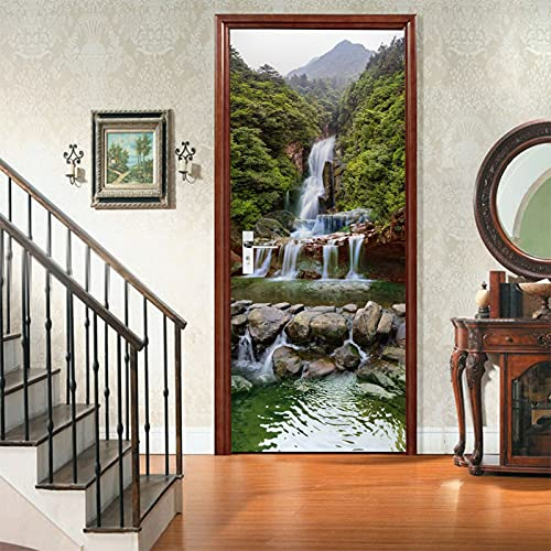 A.Monamour Türtapete Selbstklebend Türfolie Türposter 3D Wasserfall Inmitten Grüner Wald Naturlandschaft Vinyl Folie Türdeko Tapete Wandbild Türaufkleber Türtattoo 77 x 200 cm