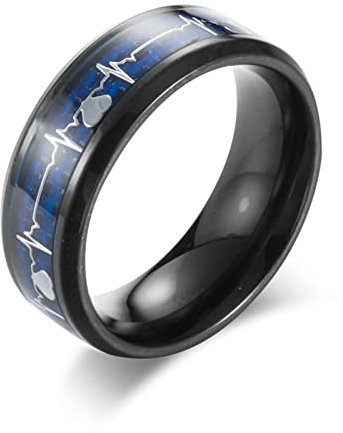 Banemi Fashion Rings for Men, Electrocardiogram Titanium Steel Black Mens Wedding Bands Size N 1/2