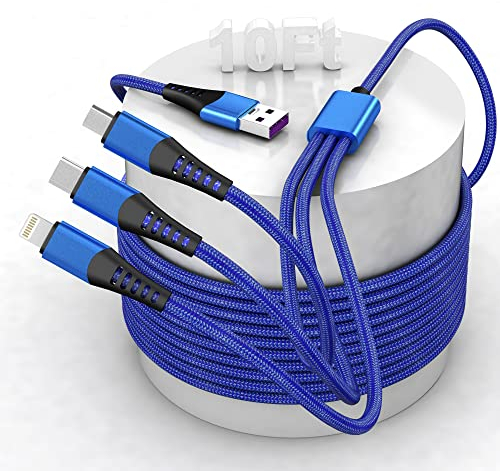 Multi 3 in 1 USB Long Charger Cable, 3M/10Ft Nylon Braided PD 6A Fast Charging Cord, Universal Multiple Ports Charging Cable with USB C/Micro USB/Lightning Connector for Apple/Android/Samsung