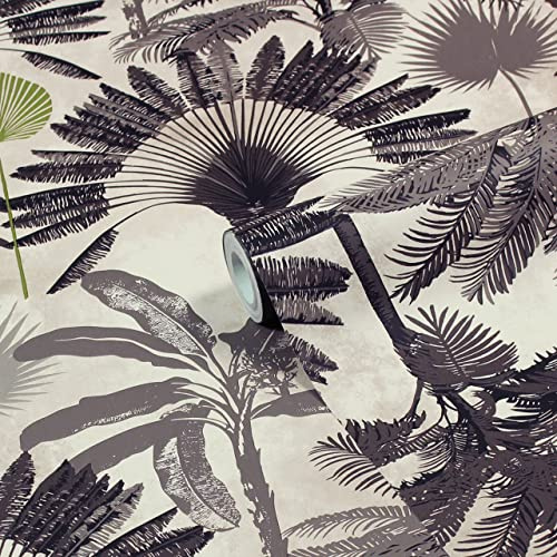furn. Malaysian Palm Printed Wallpaper, Blush/Charcoal | A tonal design of majestic palm trees in their many individual forms