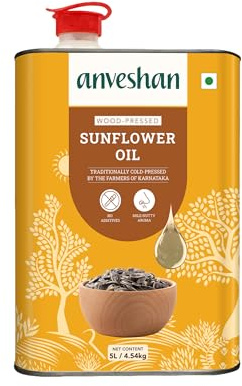 Anveshan Empowering farmers with technology Huile de tournesol pressée en bois – 5 litres | boîte en étain | Kolhu/Chekku | Naturelle | Sans produits chimiques | Huile de tournesol pressée à froid