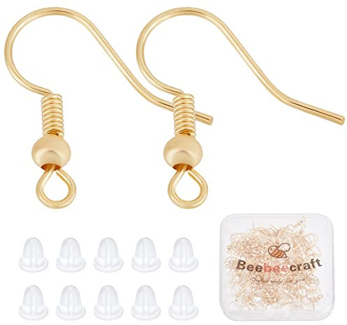Beebeecraft 120Pcs/Box 18K Gold Plated Earring Hooks French Ear Wires with Ball and Coil 18mm Dangle Earring Findings with Earring Backs for DIY Earring Making