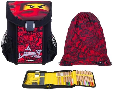LEGO Schulranzen Jungen Easy 5 Teile Schulrucksack Ranzen 850 Gramm leicht Trinkflasche Regenhülle 20015 Ninjago Spinjitzu plus Regenhülle Trinkflasche (Ninjago Red 2202 rf)