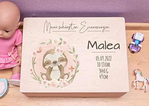 Hochzeitideal - Personalisierte Erinnerungskiste | Holzkiste New Born Faultier | Aufbewahrungskiste | Geschenk Geburt | Erinnerungsbox Baby Taufe | Holzkiste für Kinder (XL (40x30x23), Mädchen)