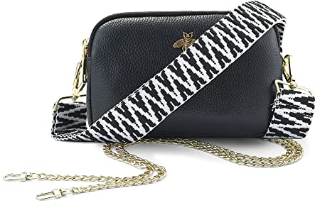 Woodland Leathers Genuine Leather Ladies Cross Body Bag, Shoulder Bag With Adjustable Wide Strap, Chain And Wrest Band, Italian Designed Multipurpose Shoulder & Crossbody Bags For Women (Black)