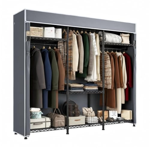 Raybee Clothes Rack with Cover, Clothing Racks for Hanging Clothes with Adjustble Shelves,Portable Closet 15.74''D x 56.02''W x 75.4''H Hold 800LBS for Bedroom, Apaertment, Dorm, Space Saving, Grey