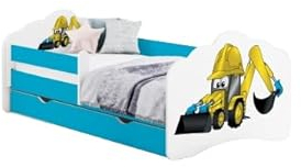 Happy Babies MOBI Kinderbett mit Matratze 160x80 Einbett Blau mit Schubladen und Rausfallschutz für kleine Kinder Jungenbett mit Bagger Muster