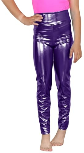Hamishkane Leggings metallizzati a vita alta per bambine, tinta unita, effetto bagnato, lucidi, per sport, danza, feste, Viola, 5-6 Anni