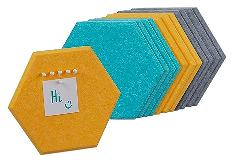 Relaxdays Filzpinnwand, 12 Selbstklebende Sechsecke, 3 Farben, Filz, HBT: 26x30x0,9 cm, Filzwand inkl. Pinnnadeln, bunt