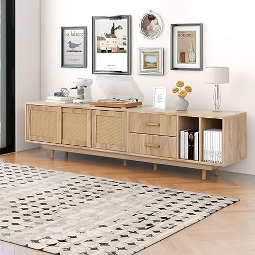Mueble De TV De Ratán para TV De 80 Pulgadas Mueble De TV con 2 Cajones Tableros De TV Mueble Bajo para TV Centro De Entretenimiento De Granja Mesa Consola De TV para Sala De Estar Roble Natural