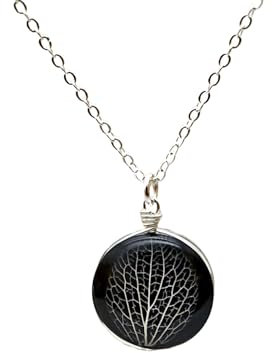 Arbre de la vie Kabbale Feuille Veine Foncé Vraie Fleur Pressée Naturelle Verre Noir Argent Sterling 925 Chaîne Colliers avec pendentifs Femmes Handmade