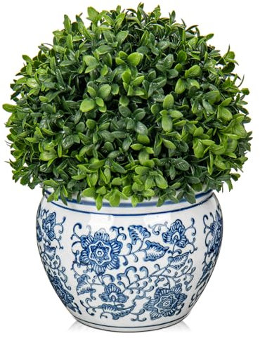 Oairse Kunstpflanze Buchsbaumkugel in Blau-weißem Keramiktopf, Künstlich Buchsbaum Kugel Formschnitt Kunstpflanze Dekopflanze für Tischdekoration, Zimmerpflanze, Heimdekoration, Höhe 25cm