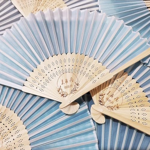 REEG Personalized Custom White Fabric Fans Wedding Party Favors Gifts Guests Bulk Engraved Cloth Fans Birthday Quinceanera Gift Folding Hand Fans (100pcs)