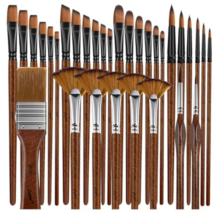 Bougimal Pinceaux Peinture Acrylique, 32 Pièces Pinceau Aquarelle Professionnels Con Rond, Fan, Fin, Détails, Plat Brosse pour Acrylique/Huile/Gouache, pour Artiste et Débutants, Brun Rougeâtre