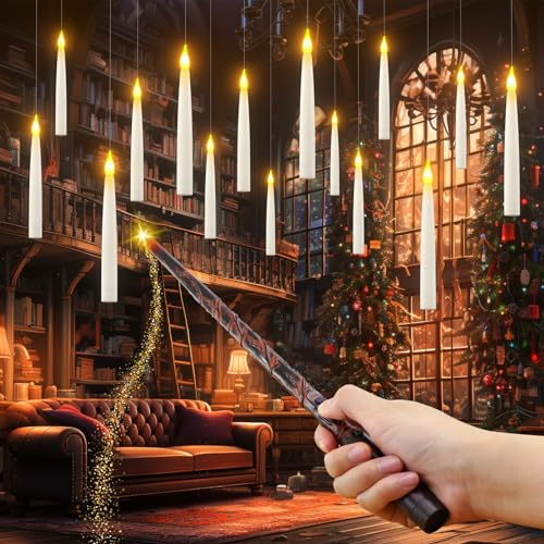 PChero Bougie Flottante avec Baguette, Lot de 20 Fausses Bougies à LED Flamme Vacillante Bougie Chandelier Decorative avec Télécommande pour Decoration Halloween Noel Maison Chambre
