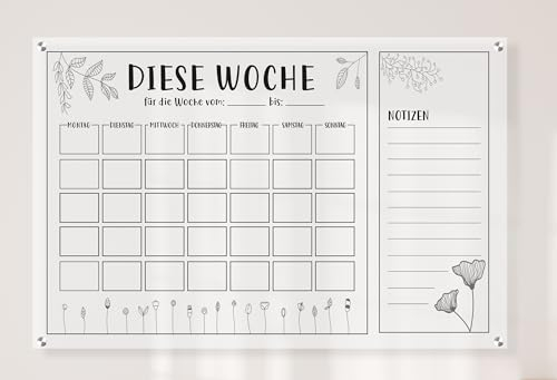 Queence Acrylglas Wochenplaner abwischbar 90x60 cm | Wochenplan transparent | Geburtstags-Kalender | Familienplaner | Notizen | Wandkalender | Monatskalender (PLAN03)