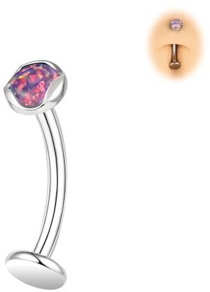 BodyAce ASTM F136 Titan Bauchnabelpiercing, 14G Innengewinde Belly Piercing Ringe, 6/8/10/12/14mm Flache Rückseite Lang Nabelpiercing Opal Bauchnabel Barbells [Opal;Lila;Stablänge:8mm]
