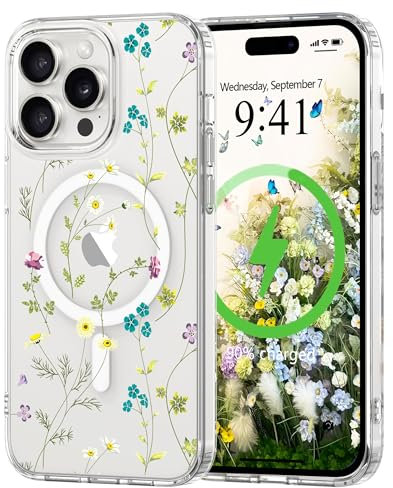 L-FADNUT Magnetisch Handyhülle für iPhone 15 Pro Hülle Kompatibel mit MagSafe, Transparent Blumen Muster Schutzhülle Hart PC Rückseite Dünne Stoßfest Kratzfestes Case für iPhone 15 Pro, Gelb