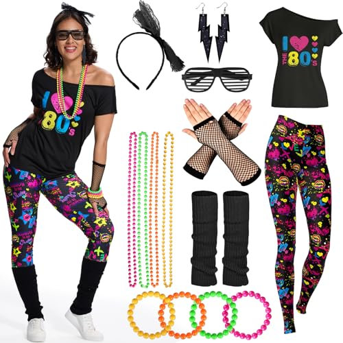 80er 90er Jahre Outfit Damen Set, Aerobic Outfit 80er 90er Damen Set, 15 Stück 80er 90er Neon Party Outfit Damen Accessoires Set mit Bunte Leggings, netzshirt, T-shirt für Karneval, Mottoparty.