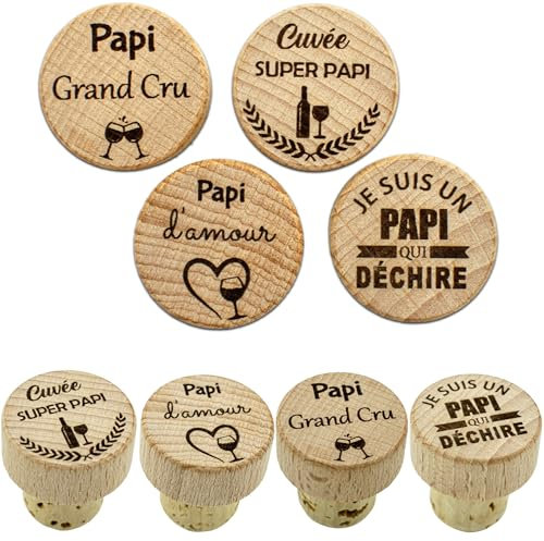 Ernestine - Lot de 4 Bouchons Papi fête des Grands pères - Cadeau fête Papi - idée Cadeau Papi - Cadeaux Bouteille Bouchon à vin - Bouchon personnalisé - idée Cadeau Homme Anniversaire Accessoire vin