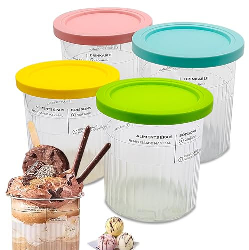 Lot de 4 Pot pour Ninja Creamy Deluxe NC500 NC501, Bacs À Crème Glacée avec Couvercle, Accessoires pour Machines à Glaces, 24 oz