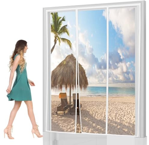 Rideau Porte Anti Mouche Bois 140x210cm Blanc sans Percer Moustiquaire Porte Fenetre Anti Insecte Mouche Moustique pour Porte d Entrée Intérieur/Patio