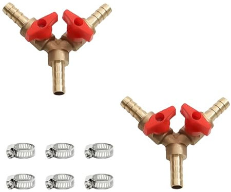 Sqxaldm 3 Weg messing Schlauch Barb Kugelhahn Schlauchanschluss 2 Schalter messing Y förmiges Ventil mit 6 Klemmen Y-Schlauchverbinder für Tischlerarmatur Luft Wasser Gas 2 Stück(8mm,6mm)
