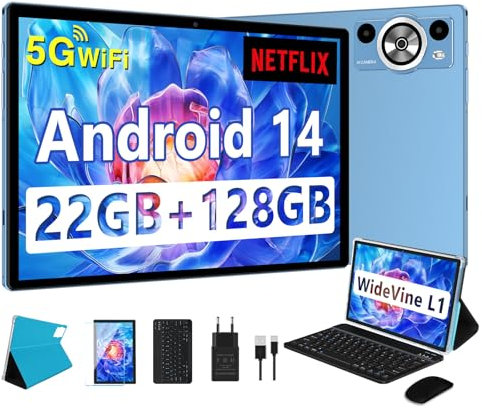 DEERTiME 2025 Newest Tablette Android 14,Tablette 10.1 Pouces 22Go RAM+128Go ROM(TF 1To),8 Cœurs 2.0GHz, 5G WiFi GMS,8000mAh/WideVine L1/FHD/BT5.0/GPS/Tablette avec Clavier Souris-Bleu